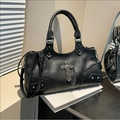 Gothic punk black crossbody bag with silver cross charm and rivet detailing - Black