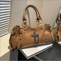 Retro brown motorcycle crossbody bag with silver cross pendant and rivet details - Brown