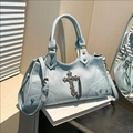 Vintage light blue leather motorcycle bag with silver cross charm and rivet details - Blue