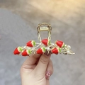 Elegant gold strawberry hair claw clip with red enamel fruit and white pearls - Sweet Strawberry Pearl Oil Drip Hair Claw