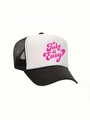 Black and white trucker hat with pink Take It Easy print and breathable mesh back - One Size / Black & White