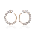 Luxury gold-plated C-shaped hoop earrings with marquise-cut zircons in a wheat pattern - Feather Wheat Ear Style (7660)