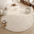 Alfombra redonda bohemia grande en beige con diseño de mandala floral para sala y dormitorio - Diámetro 80cm / Mandala Beige