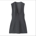 Deep grey sleeveless V-neck mini dress with textured fabric and slim waist stitching - XS / Gray