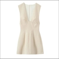 Elegant beige sleeveless V-neck mini dress with vertical stripe texture and A-line cut - XS / White