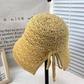 Yellow hand-crocheted bucket hat for women with hollow knit and bow tie detail - Tie-up Split Bucket Hat Khaki
