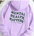 Lavender hoodie featuring green Mental Health Matters print on back and ribbed cuffs - S / Purple