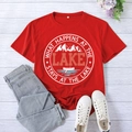Close-up of What Happens at the Lake print on red cotton t-shirt with neckline label - S / Red (White Font)