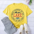 Flat lay of yellow Lake print T-shirt with denim shorts and white canvas sneakers - S / Yellow (Black Font)