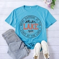 Sky blue cotton T-shirt with lake themed graphic print and what happens at the lake slogan - S / Deep Water Blue (Black Font)