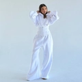 Damen Sportset in Weiß mit Korsett-Oberteil und weitem Bein aus schwerem Sweat - S / Weiß