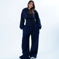 Ensemble bleu marine deux pièces pour femme avec sweat à capuche corset et pantalon - S / Bleu foncé