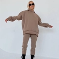 Dames 2-delige bruine fleece trainingspak set met oversized hoodie en joggingbroek voor winter - S / koffiekleur