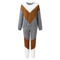 Dames trainingspak met V-vormig kleurblok sweatshirt en bijpassende joggingbroek set - S / Grijs Wit Camel Patchwork