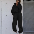 Women's black casual two-piece tracksuit with hoodie and matching joggers for autumn - Black