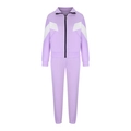 Dettaglio della cerniera della tuta lavanda e del design a V bianco patchwork - S / Viola