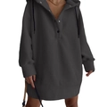 Detail of dark grey fleece oversized hoodie dress with three-button placket and relaxed fit - S / Gray