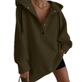 Close-up of olive green oversized hoodie featuring unique button placket and drawstring hood - S / Army Green