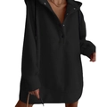 Detail of black hooded sweatshirt dress with buttoned placket and adjustable drawstrings - S / Black