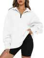 Detail of white oversized quarter-zip sweatshirt with black zipper and drop shoulder design - S / White