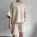 Women's minimalist light beige two-piece loungewear set with raw edge short sleeve top - S / Apricot