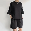 Women's black two-piece casual lounge set with raw edge short sleeve top and shorts - S / Black