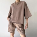 Women's casual two-piece lounge set with oversized short sleeve top and raw hem shorts in taupe - S / Khaki