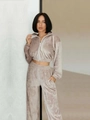 Detail view of champagne velvet tracksuit with zip-up hoodie and high-waist wide-leg pants - S / Top And Bottom / Apricot