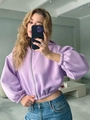 Detail of lavender cropped hoodie featuring oversized puff sleeves and ribbed cuffs - S / Purple