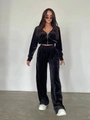 Detail of premium black velvet texture on hooded zipper sweatshirt and wide-leg pants set - S / Top And Bottom / Black
