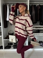 Dettaglio della felpa a righe bordeaux con trama a maglia e spalla scesa comoda - Taglia S / Top E Pantaloni / Rigato Albicocca