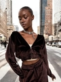 Deep brown velvet tracksuit set with zipper hoodie and joggers worn on a city street - S / Coffee