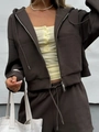 Detail of dark brown hooded sweatshirt with zip-up design and matching drawstring joggers - S / Coffee