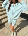 Detail of light blue zip-up hoodie set with drawstring shorts and large pockets - S / Mint Green