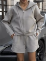 Women's light grey oversized zip-up hoodie and drawstring shorts two-piece lounge set - S / Neutral Grey