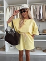 Detail showing the light yellow knit texture and elastic drawstring waist on casual shorts - S / Yellow