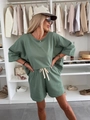 Detail of drawstring waist and knit fabric on women's casual dark green two-piece set - S / Army Green