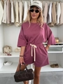 Detail of high-waisted drawstring shorts and relaxed fit T-shirt in plum purple - S / Burgundy
