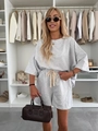 Detail of light gray casual two-piece lounge set with drawstring shorts and soft cotton texture - S / Light Gray