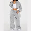 Detail of grey cropped zip hoodie and high-waist drawstring joggers in heavy fleece fabric - S / Light Gray