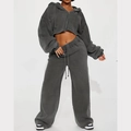 Detail of high-waist wide-leg sweatpants and cropped zip hoodie in dark grey cotton - S / Dark Gray