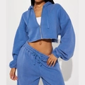 Vintage wash blue cropped hoodie and high-waist joggers lounge set for women - S / Blue