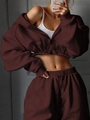 Detail view of dark brown cropped zip-up hoodie and high-waisted jogger set for women - S / Brown