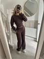 Detail of high-waisted wide-leg sweatpants with drawstring and matching zip-up top - S / Coffee