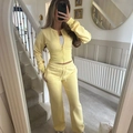 Women's light yellow two-piece set featuring a zip-up cardigan and wide-leg trousers - S / Yellow