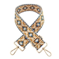 Ethnic jacquard woven purse strap with blue geometric patterns and gold metal buckles - Beige Base Yellow Blue Floral