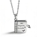 Silver book-shaped necklace with Mi Pequeña Estrella engraving and heart detail - 06-2 Spanish Silver Daughter Necklace