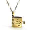 Gold book pendant necklace with Mi Pequeña Estrella engraving and heart detail - 06-1 Spanish Gold Daughter Necklace
