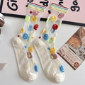 Sheer white mesh crew socks with colorful lollipop patterns and rainbow striped cuffs - One Size / Lollipop Style (25122)