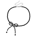 Beaded black crystal choker featuring a delicate rhinestone bow pendant with adjustable chain - Black Beads - Steel (ZW094)